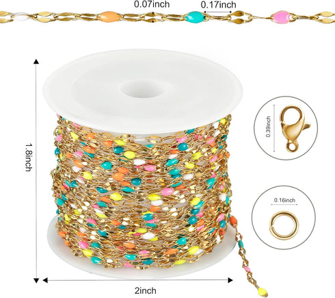 Kyutong 16.4 Feet Gold Plated Stainless Steel Chain Necklace Colorful Enamel Beaded Chains Bulk Thin Lip Chain Link with Lobster Clasps Jump Rings...
