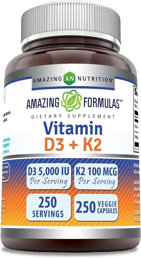 Amazing Formulas Vitamin D3 5000 IU with Vitamin K2 100 Mcg| 250 Veggie Capsules | D3 + K2 Complex | Non-GMO | Gluten Free | Made in USA...