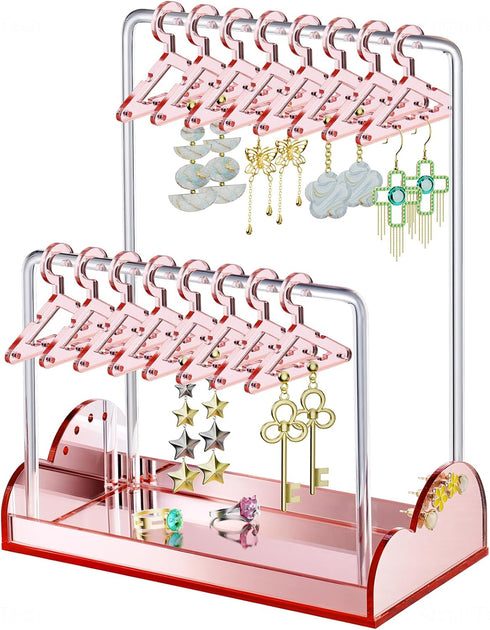 NiHome Acrylic Earring Holder Stand with Organizer Tray for Home, Store, Exhibition - Mirror-Finish 2-Tiered Display with 16 Mini Hangers for Tang...