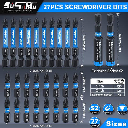 27PCS Phillips Bits #2 Impact 1" and 2" Long Strong Magnetic Drill Bits Anti Slip 1/4 Inch Hex Shank S2 Alloy Steel Impact Ph2 Screwdriver Power B...
