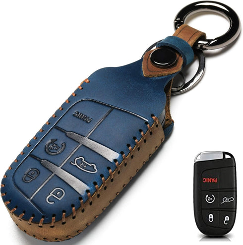 Leather Car Key Fob Cover Compatible with Jeep Keyless Remote Control Grand Cherokee Dodge Challenger Charger Dart Durango Journey Chrysler 200 30...