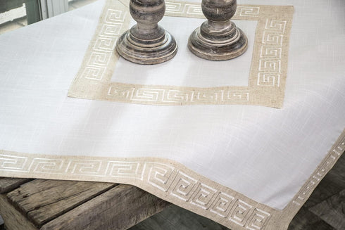 Linens, Art and Things Neutral Earth Tones Greek Key, Square Table Topper, Dresser Scarf, Small Tablecloth (34Wx34L)...