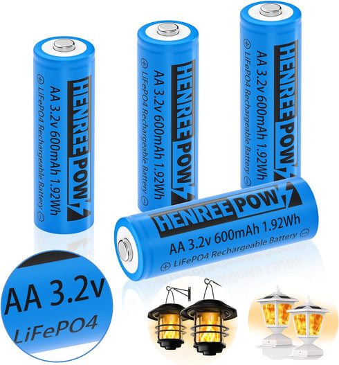 Henreepow 3.2v AA 600mAh Rechargeable Battery, LiFePo4 Double A Rechargeable Battery Low Self-Discharge, 3.2v Rechargeable Batteries for Solar Lig...