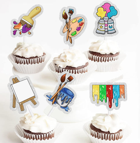 Slime Cupcake Toppers 18 pcs - Painting Themed Art Happy Birthday Decor Artist Palette Paint Brush boy Girl Party Supplies...