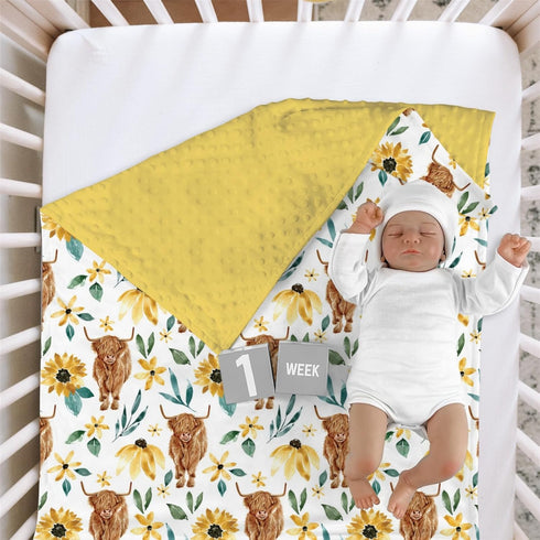 Highland Cow Sunflower Minky Baby Blanket Dotted Backing Girl Gift, Yellow Western Farm Animal Floral Double Layer Flannel Nursery Bed Blankets, S...