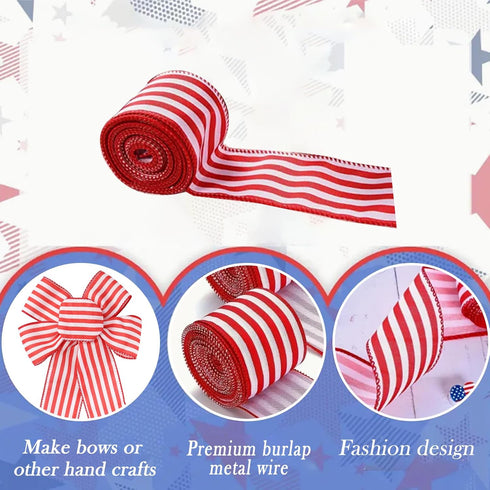 Patriotic Wired Ribbon Red and White Ribbon, Red Ribbon Red White Blue Ribbon Wired, 4th of July Ribbon for Memorial Day Independence Day, Summer ...