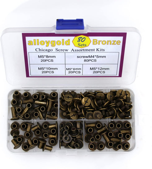Bronze M5 Chicago Screws Assorted Kit 80 Sets 4 Sizes Leather Rivets 1/4 1/3 3/8 1/2 inches Screw Posts Rivets Nail Rivet Chicago Buttons for DIY ...