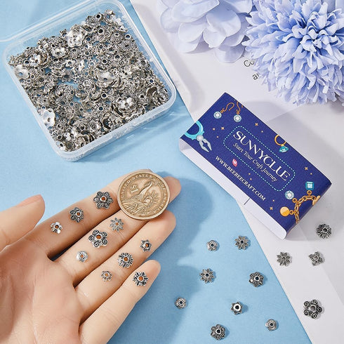 SUNNYCLUE 1 Box 300cs 10 Styles Flower Bead Caps 8mm Flat Spacer Beads Bulk Tibetan Silver Hollow Flowers Metal Vintage Floral Bead End Caps for D...