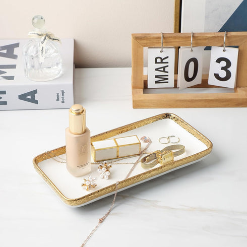 10 * 5" Granite Texture Fine Porcelain White Tray with Golden Edge,Decorative Vanity Tray for bathroom. for Jewelry storage, Ring & Key Holder, Ba...