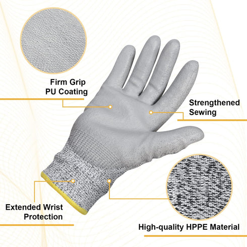 JPP Premium Cut Resistant Gloves, CE Level 5 Protection, PU Coated Cut Proof Work Gloves with Firm Grip, Breathable and Lightweight, 3D Comfort Fi...