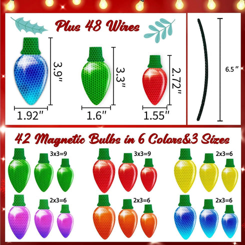 90PCS Christmas Car Refrigerator Decorations - 42 Reflective Bulb Light Shaped Magnets 48 Magnetic Wires Ornaments Set Xmas Holiday Cute Decor...