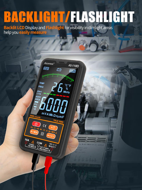 AS-118D Smart Digital Multimeter Auto-Ranging Voltmeter Electrical Tester Measures Voltage Current Capacitance Resistance Continuity Duty-Cycle Te...