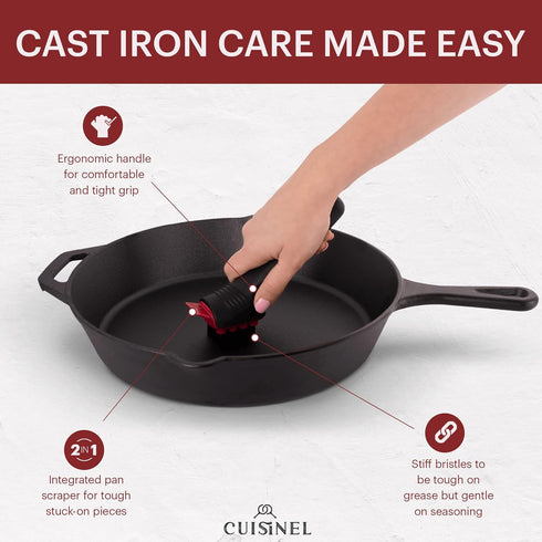 Cuisinel Cast Iron Scrubber Cleaning Brush + Pan/Grill Scraper - Skillet and Grill Cleaner Kit - Soft-Touch Confident-Grip Dish Scrub Tool - Tough...