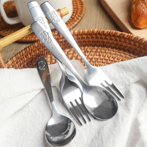 12PCS Safe Forks and Spoons for Kids, Toddler Silverware Kids Utensils Baby Spoons Stainless Steel Tableware with Bunny and Puppy Motifs...