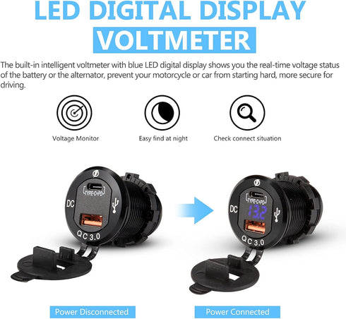 BUNKER INDUST Car Charger Socket Quick Charge 3.0QC,Dual Port USB Type C Outlet with Blue LED Digital Voltmeter,Aluminum Power Adapter 12V/24V Wat...
