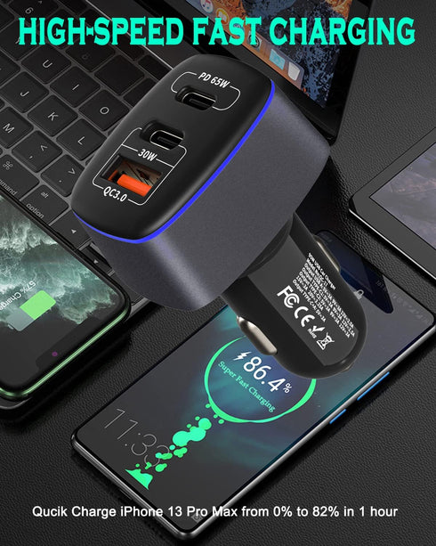 USB C Car Charger 95W, 3-Port PD 65W PPS 55W QC3.0 30W Fast Car Charger for iPhone 14/13/12/11 Pro Max, Samsung Galaxy, Google Pixel, MacBook/Lapt...