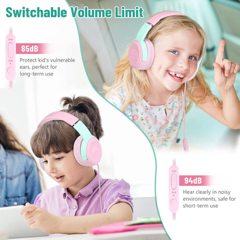 rockpapa Share 1 Kids Headphones Wired with Microphone & Share Port, 85dB/94dB Volume Limited, Cute Foldable Student Child Boys Girls Headphones f...
