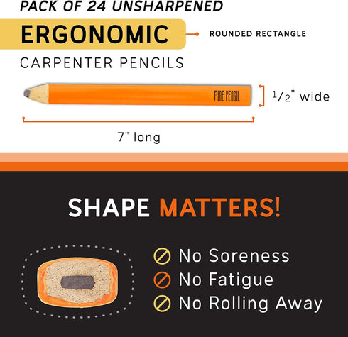 Carpenter Pencils (Pack of 24) - Ergonomic Design Carpenter Pencil - Heavy Duty Construction Pencil - Comfortable Carpenters Pencil - High Visibil...