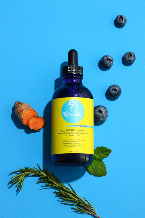 Curls Blueberry Bliss Blueberry & Mint Hair and Scalp Strengthening Oil - 4 oz, Root-Penetrating Hair Oil with Turmeric, Rosemary & Pumpkin Seed O...
