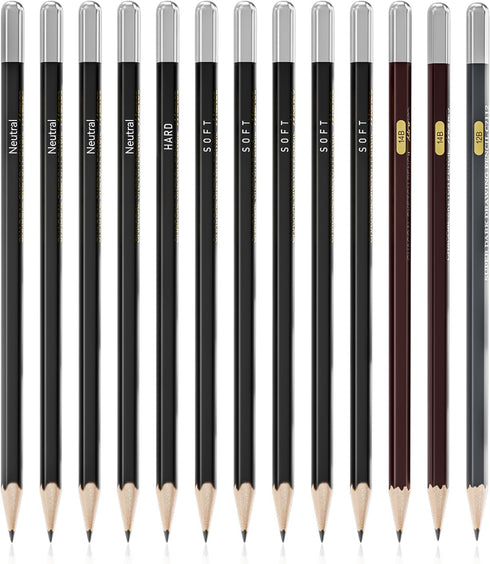 Professional Charcoal Pencils Drawing Set - 13 Pieces Neutral, HARD, SOFT, 14B, 12B Charcoal Pencils for Drawing, Sketching, Shading, Artist Penci...
