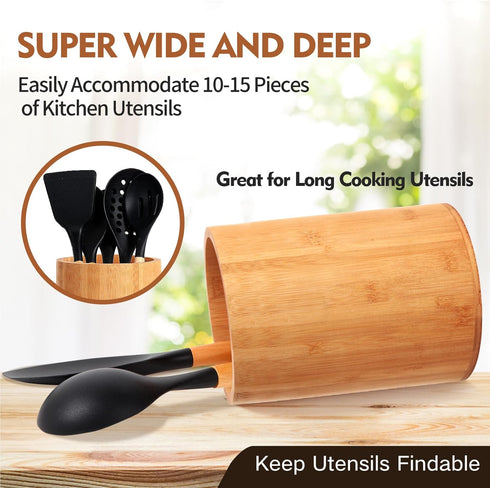 Bamboo Utensil Holder, Large Utensil Holders for Kitchen Counter, Bamboo Spoon and Chopstick Holder for Kitchen Decor, Flatware and Spatula Storag...
