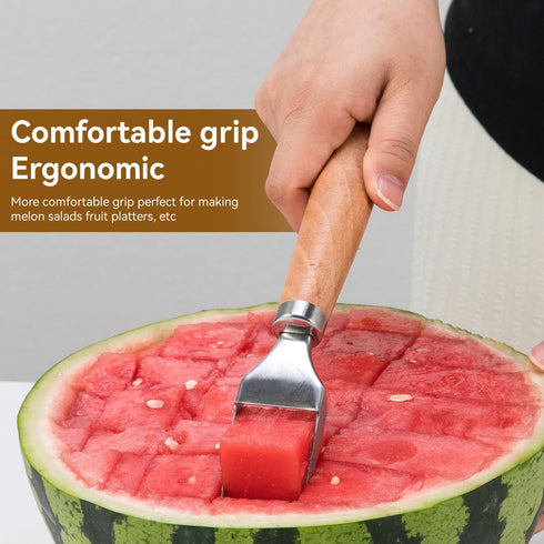 Watermelon Slicer Cuts Watermelons into Cubes, Stainless Steel Melon Cutter with Wooden Handle, Watermelon Cutting Tool Fruit Cutter with 5 Fruit ...