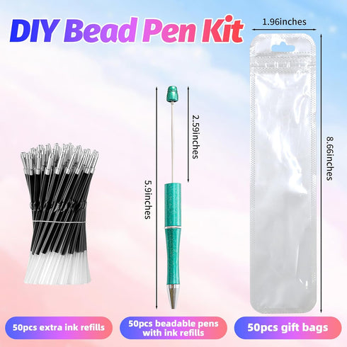 150 Pieces DIY Beadable Pens Kit - 50 plastic Beadable Pens Bulk, Refills & pen bags Included - Beaded Pens Black Ink Ballpoint Cute Pens for Stud...
