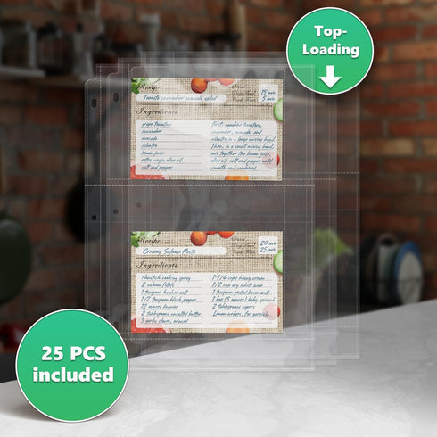 Full Size 4x6 for 8.5x11" Pack of 25 Recipe Card Protectors Top-Loading Crystal Clear Recipe Card Sleeves with 2 Pockets for 3 Ring Binder, Plasti...