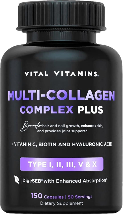 Vital Vitamins Multi Collagen Plus - Biotin, Hyaluronic Acid, Vitamin C - Collagen for Women & Men - Hair Growth Support Supplement - Skin, Nails ...