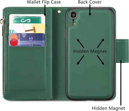 EYZUTAK Case for iPhone XR, Glossy PU Leather 9 Card Slots Magnetic Closure Detachable Wrist Strap Zipper Wallet Shockproof Removable Back Cover C...