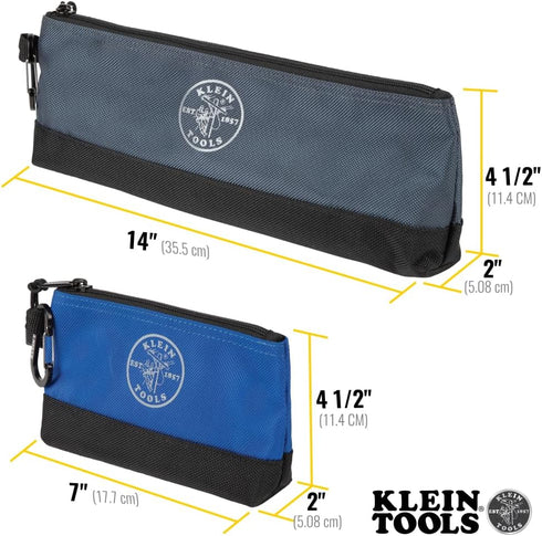 Klein Tools 55559 Stand-Up Zipper Bag Tool Pouch with Carabiners, 7-Inch Blue and 14-Inch Gray Utility Bags with Reinforced Bottom, 2-Pack...
