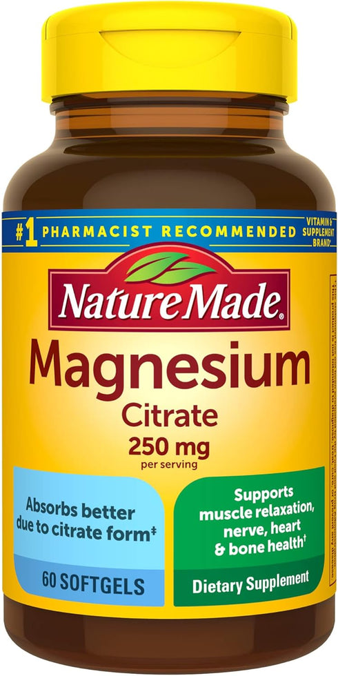 Nature Made Magnesium Citrate 250 mg per serving, Magnesium Supplement for Muscle, Nerve, Bone and Heart Support, 60 Softgels, 30 Day Supply...