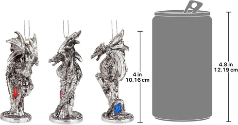 Design Toscano 3 Dragons of The Amesbury Holiday Gemstone Ornament Set, Silver,Christmas...