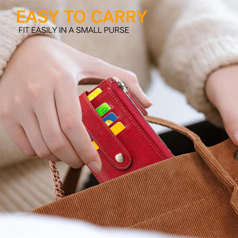 Credit Card Holder for Women RFID Small Wallet Women Slim - Multi Zipper Card Case with Keychain Wine Red...