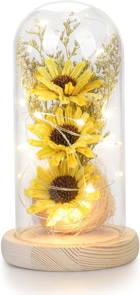 Sunflower Gifts for Women, Sunflowers Artificial Flowers in Glass Dome with LED Strip, Birthday Gifts for Mom & Grandma, Sunflower Decor on Mother...