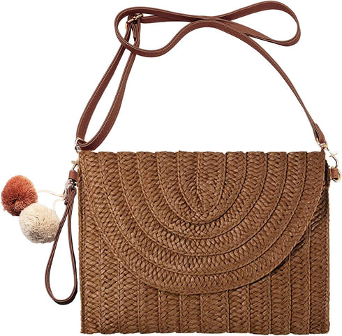 Straw Crossbody Bag Straw Brown Shoulder Bag Casual Beach Straw Handmade Bag for Women...