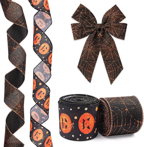 Hying 2 Rolls Halloween Ribbon for Wreath Bows Wrapping Gifts, Black Orange Pumpkin Ribbons for Gift Wrapping Halloween Party Decoration DIY Craft...