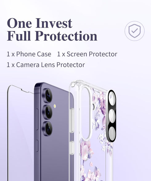 GVIEWIN for Samsung Galaxy S24 Case Floral, with Screen Protector & Camera Lens Protector, Hard PC&TPU Bumper Clear Shockproof Protective Women Ph...