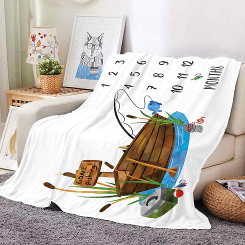 Fishing Baby Milestone Blanket with Birth Stat Sign, Gone Fishing Baby Growth Chart Monthly Blanket, Watch Me Grow Fishing Boat Baby Nursery for N...