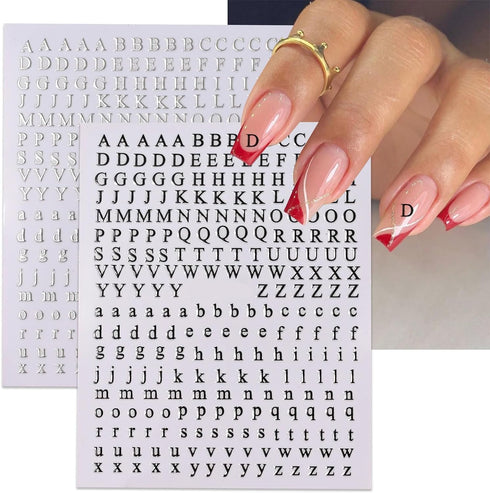 Letters Nail Art Stickers English Alphabet Nail Decals 3D Self-Adhesive Metallic Gold Silver Nail Sticker Black White Letter Nail Art Supplies for...