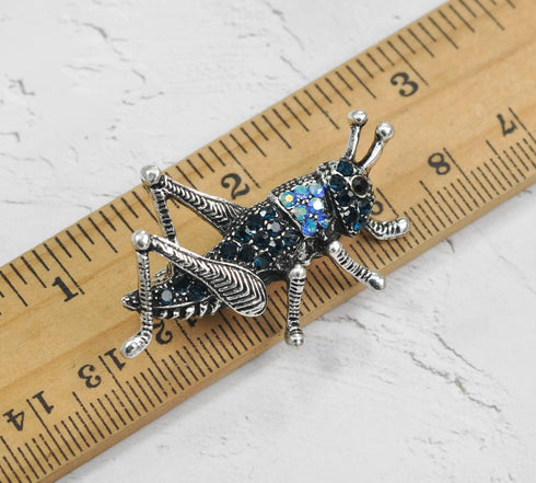 Gyn&Joy Blue Crystal Rhinestones Grasshopper Jump Cricket Insect Brooch Pin...