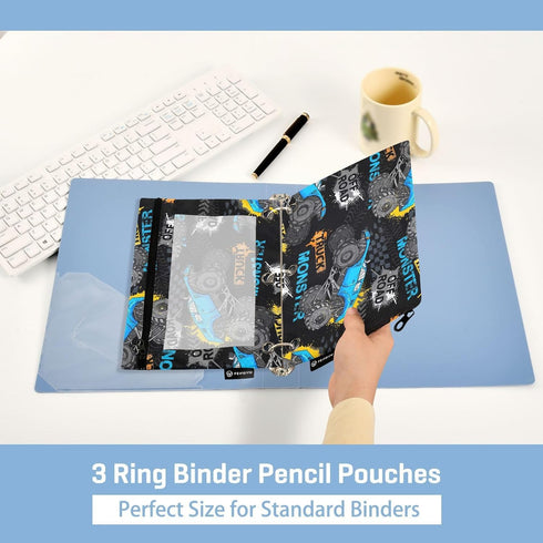 Monster Truck Tires Pencil Pouch for 3 Ring Binder Pencil Bags Binder Pocket with Clear Window & Zipper for Office Supplies Storage 2 Pack...