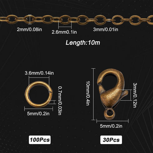 SUNNYCLUE 32.8Feet/10m Antique Bronze Chain Bulk Brass Curb Chain 2.6x2x0.3mm Links Cable Chains for Jewelry Making Chains 100Pcs Iron Jump Rings ...
