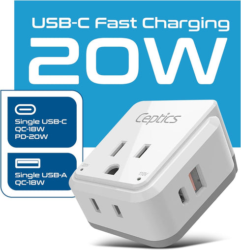 Ceptics Brazil Power Plug Adapter Travel Set, 20W PD & QC, Safe Dual USB & USB-C 3.1A - 2 USA Socket - Compact & Powerful - Also Use in Peru, Chil...