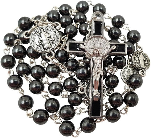 TALISMAN4U CATHOLIC ROSARY NECKLACE Black Hematite Beads Saint St Benedict Medal & Cross Gift Box...