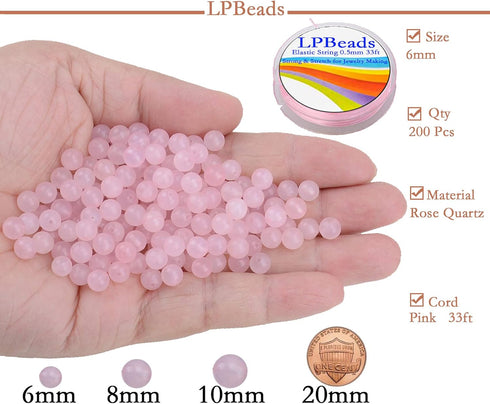 LPBeads 200Pcs Polished 6mm Round Natural Rose Quartz Gemstone Loose Beads with Stretch Cord for Jewelry Making Bracelets...