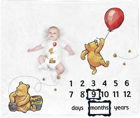 The Pooh Bear Baby Stuff, Honey Baby Monthly Milestone Blanket for Newborn Baby Boy & Girl Photo Taken - Baby Age Blanket with 2 Frame...