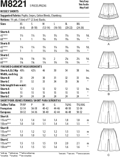 McCall's Misses' Elastic Waist Shorts Sewing Pattern Kit, Code M8221, Sizes L-XL-2XL, Multicolor...