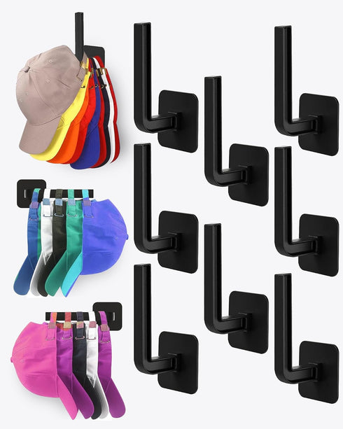 Hat Rack for Hat Storage (8-Pack), Multi-purpose Hat Organizer, Strong Adhesive Hat Hooks for Wall Hat Organizer for Baseball Caps, Two Mounting O...
