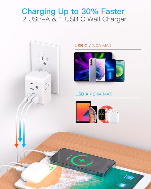 Multi Plug Outlet Extender, Power Strip Non Surge Protector Electric Outlet Splitter with 3 USB Wall Charger (1 USB C), Multiple Outlet Expander f...